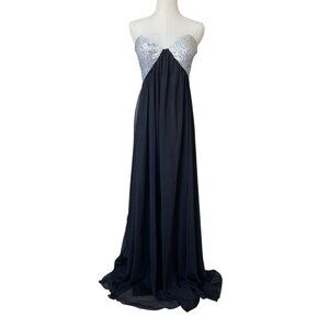 La Femme‎ Y2K Chiffon Babydoll Maxi Dress Sz 4 Prom Semi Formal Strapless Silver